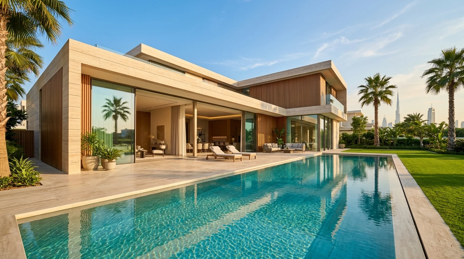 Contemporary villa with limestone terraces and a sunlit swimming pool