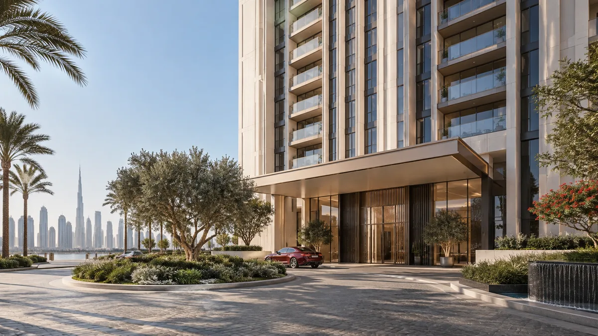 Contemporary Dubai tower and landscaped arrival court