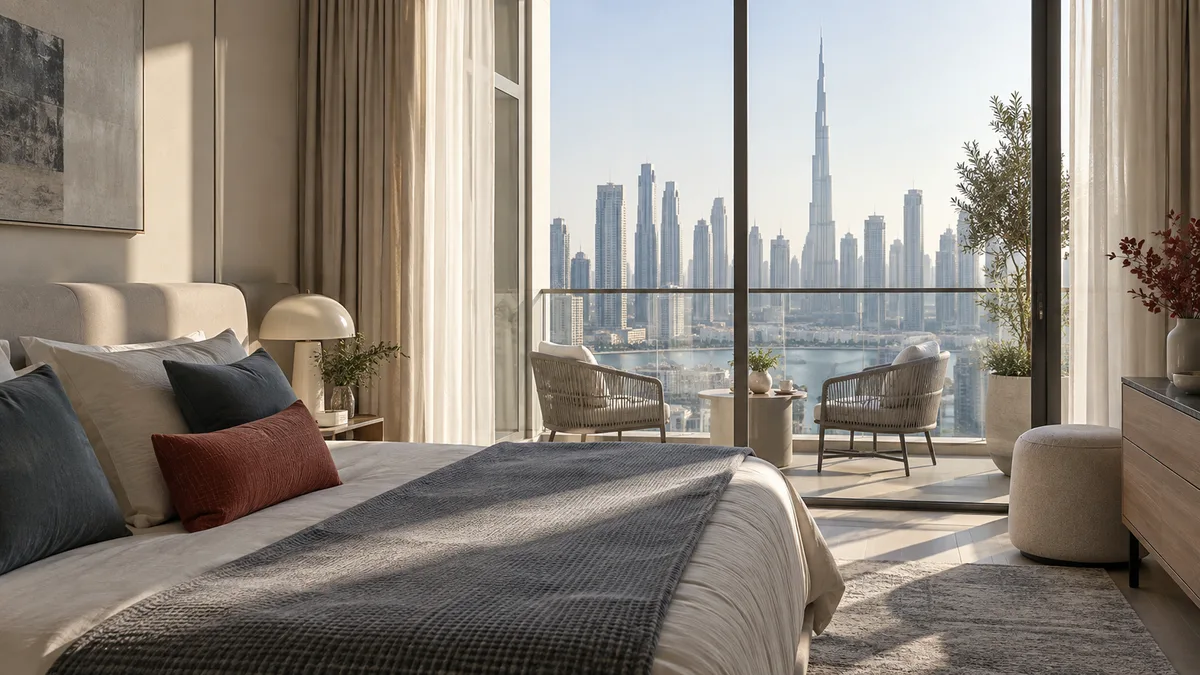 Bright Dubai apartment bedroom opening onto a balcony