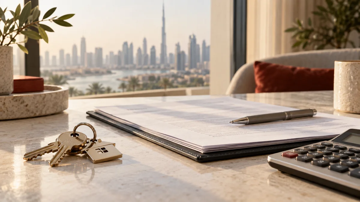 Dubai property purchase documents, calculator and keys