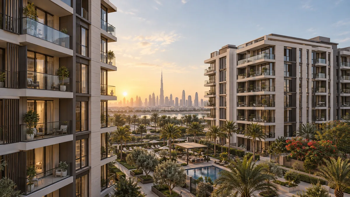 Contemporary Dubai apartment buildings in a landscaped community