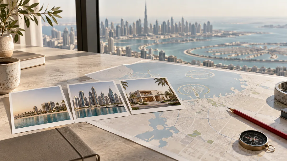Property cards and map for a Dubai area shortlist