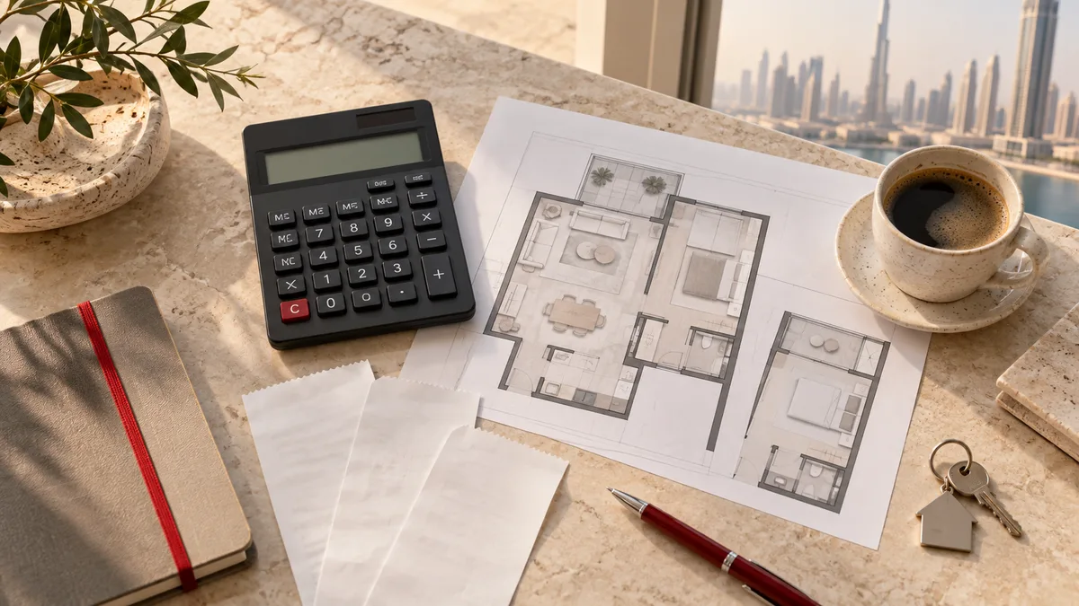 Calculator and papers illustrating a full property cost review