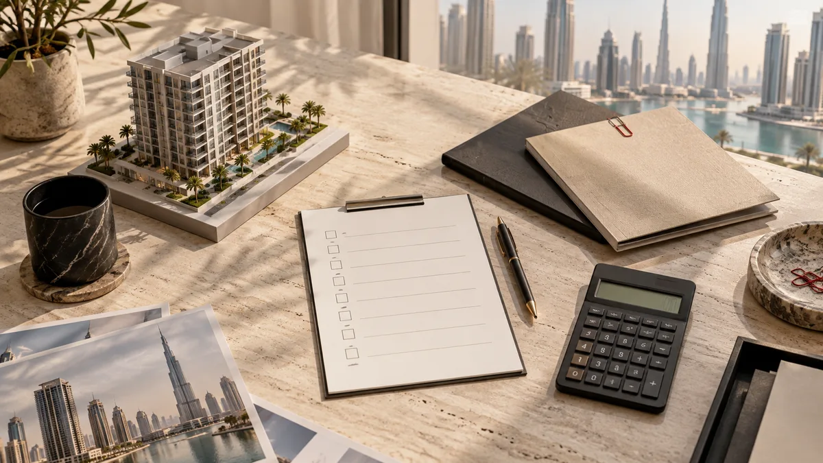 Property documents, calculator and building model for a Dubai investment review
