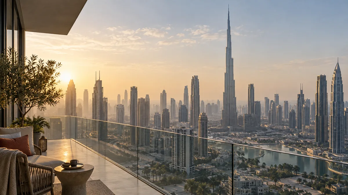 Dubai skyline viewed from a high-rise terrace at morning