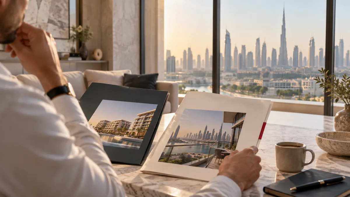 Buyer comparing two Dubai property investment options beside the skyline