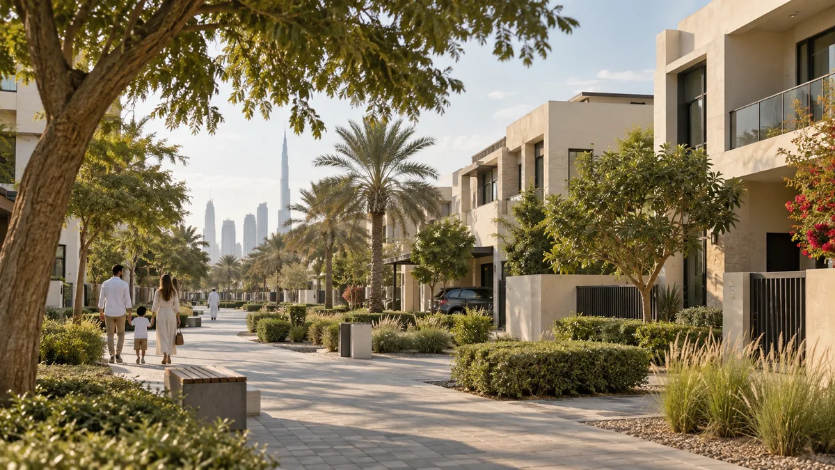 Modern Dubai residential neighbourhood with shaded paths