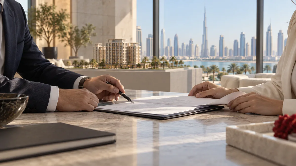 Buyers reviewing a Dubai off-plan property contract