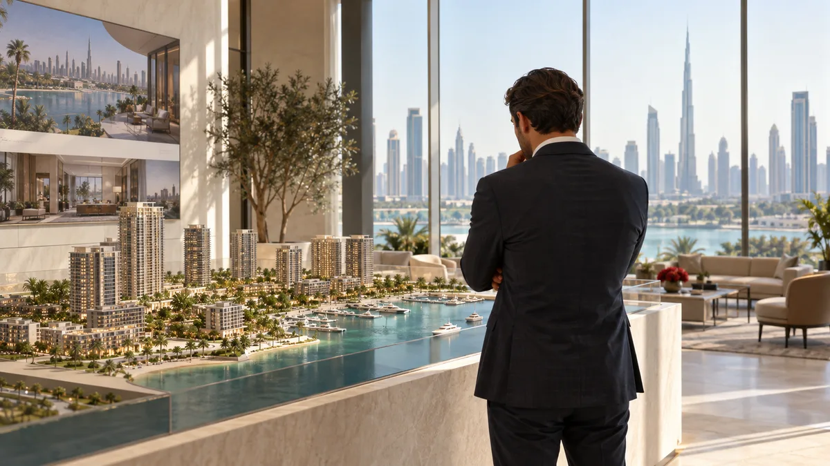 Dubai off-plan building model in a sales gallery