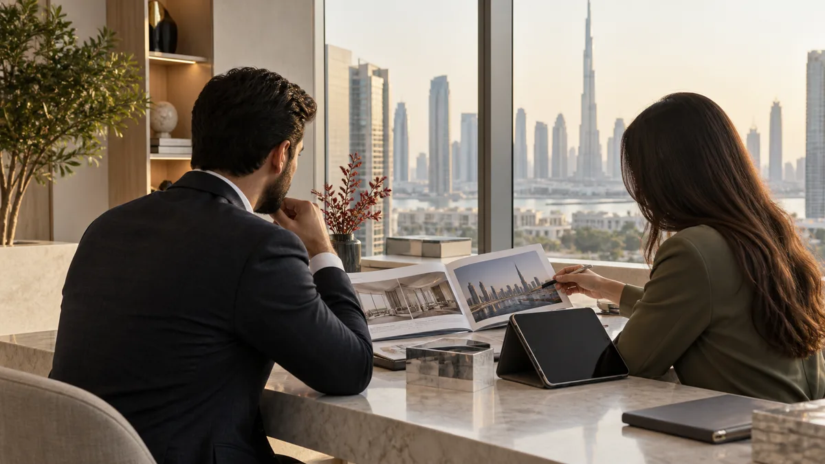 Professionals discussing a Dubai property investment opportunity
