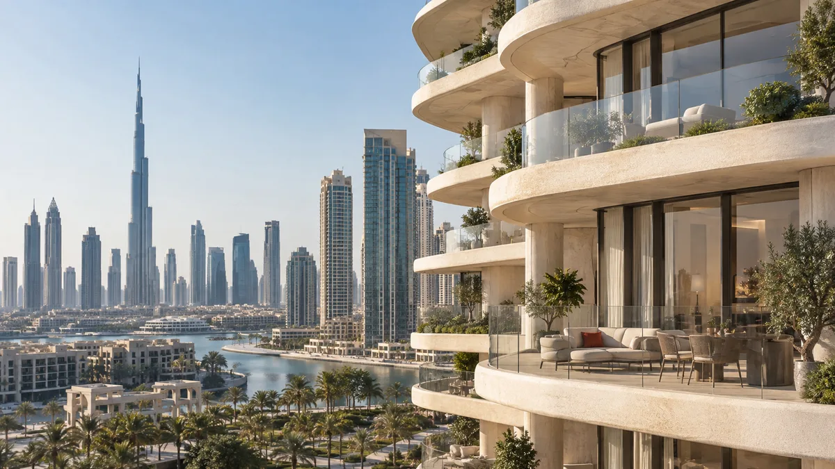 Contemporary Dubai apartment tower with landscaped balconies